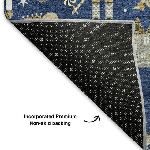 5' X 8' Navy Blue Gold And Gray Floral Washable Area Rug With UV Protection