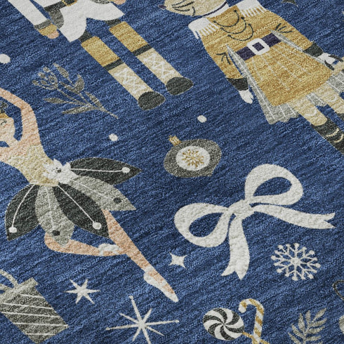 5' X 8' Navy Blue Gold And Gray Floral Washable Area Rug With UV Protection