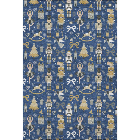 5' X 8' Navy Blue Gold And Gray Floral Washable Area Rug With UV Protection
