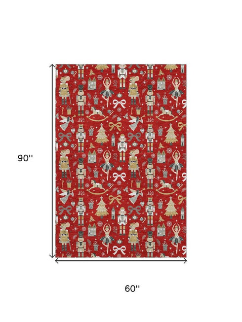 5' X 8' Red Gold And Gray Floral Washable Area Rug With UV Protection