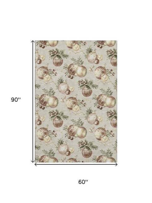 5' X 8' Beige Brown And Ivory Polka Dot Washable Area Rug With UV Protection