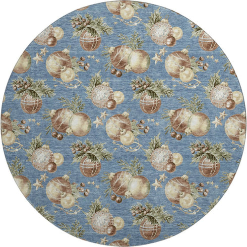 8' Denim Blue Brown And Beige Polka Dot Washable Round Rug With UV Protection