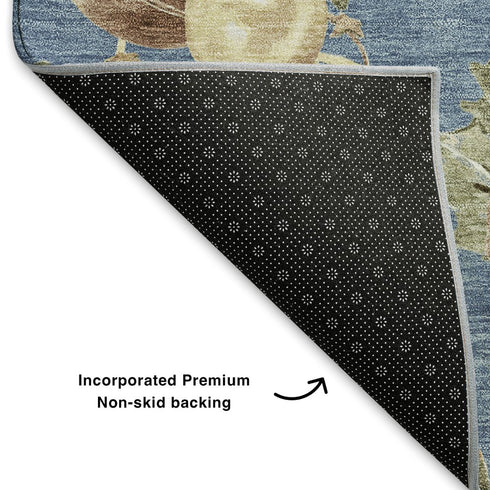 8' Denim Blue Brown And Beige Polka Dot Washable Round Rug With UV Protection