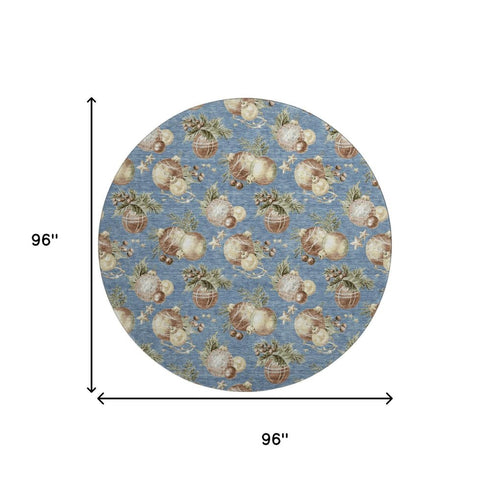 8' Denim Blue Brown And Beige Polka Dot Washable Round Rug With UV Protection