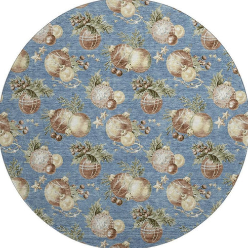 8' Denim Blue Brown And Beige Polka Dot Washable Round Rug With UV Protection