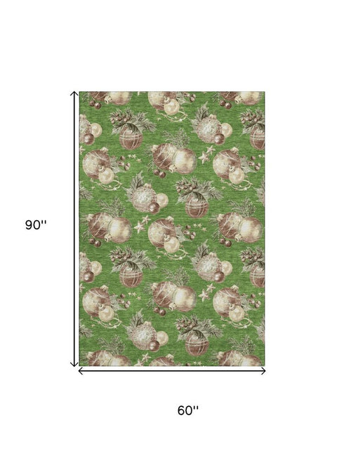 5' X 8' Green Brown And Beige Polka Dot Washable Area Rug With UV Protection