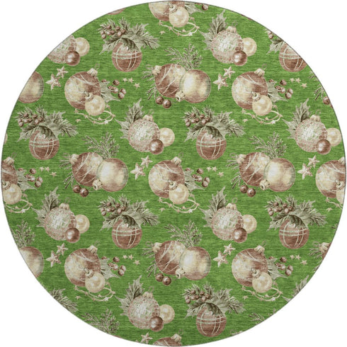 8' Green Brown And Beige Polka Dot Washable Round Rug With UV Protection