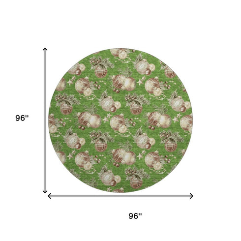 8' Green Brown And Beige Polka Dot Washable Round Rug With UV Protection