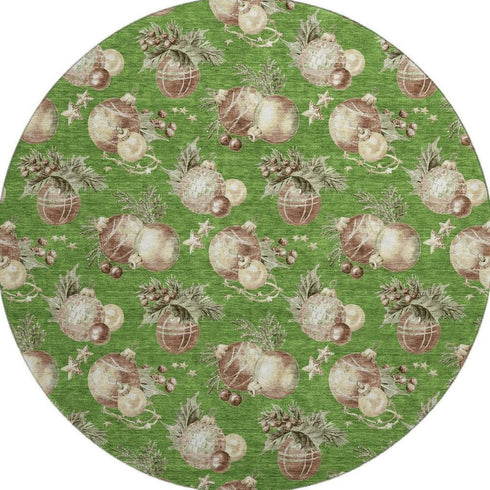 8' Green Brown And Beige Polka Dot Washable Round Rug With UV Protection