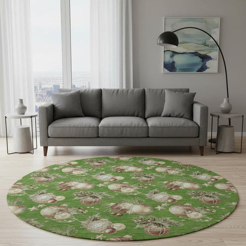 8' Green Brown And Beige Polka Dot Washable Round Rug With UV Protection