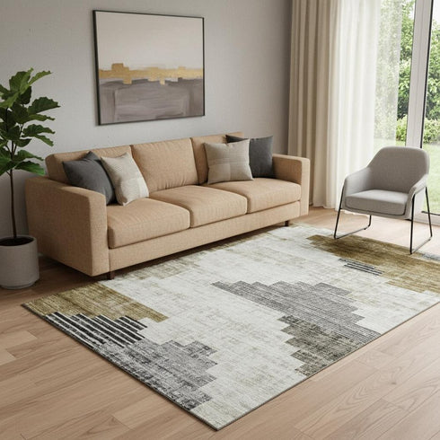 5' X 8' Brown And Gray Geometric Washable Area Rug With UV Protection