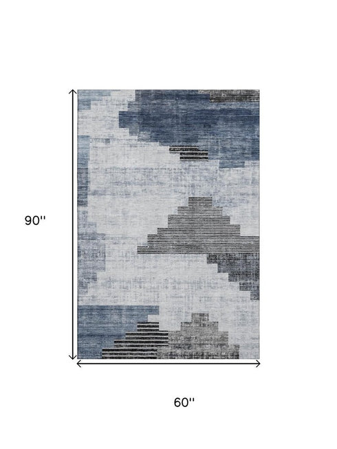 5' X 8' Blue And Gray Geometric Washable Area Rug With UV Protection
