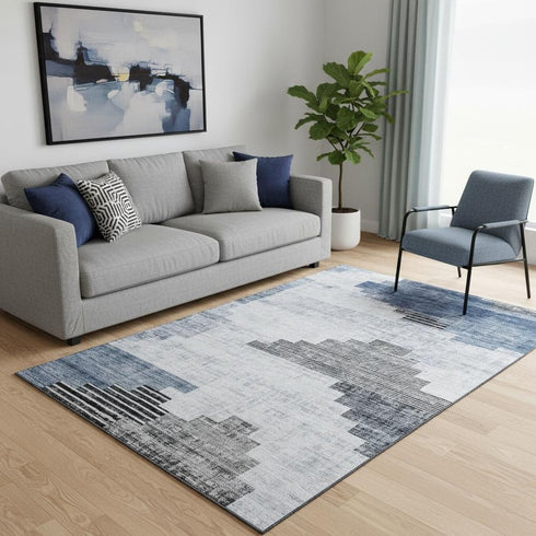 5' X 8' Blue And Gray Geometric Washable Area Rug With UV Protection