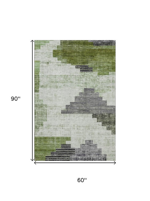 5' X 8' Fern Green And Gray Geometric Washable Area Rug With UV Protection