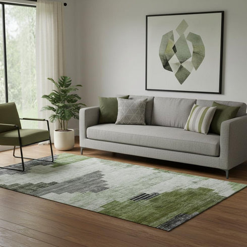 5' X 8' Fern Green And Gray Geometric Washable Area Rug With UV Protection