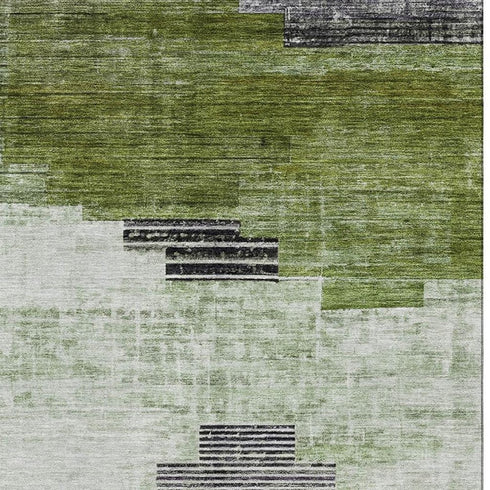 5' X 8' Fern Green And Gray Geometric Washable Area Rug With UV Protection