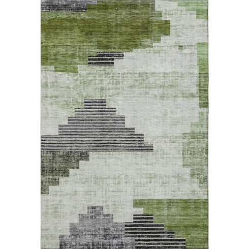 5' X 8' Fern Green And Gray Geometric Washable Area Rug With UV Protection