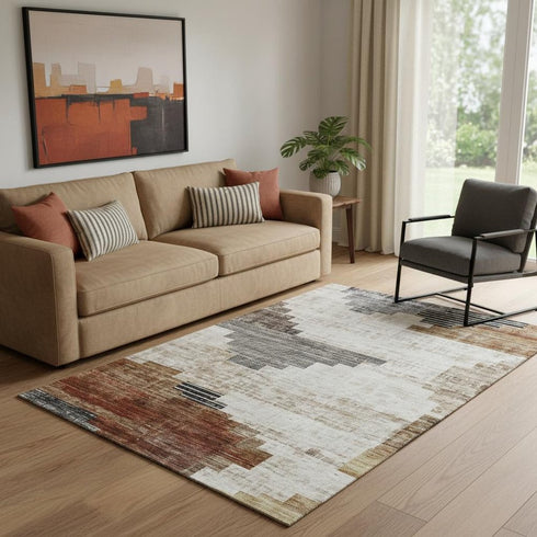 5' X 8' Rust And Gray Geometric Washable Area Rug With UV Protection