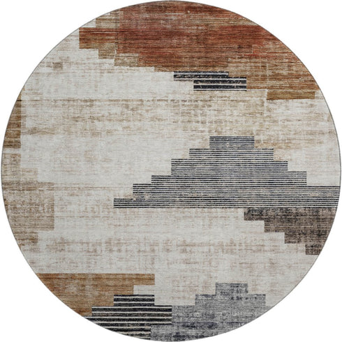 8' Rust And Gray Geometric Washable Round Rug With UV Protection