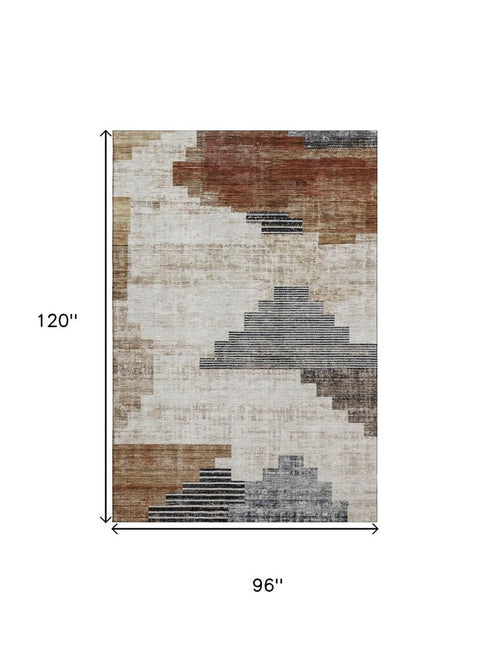 8' X 10' Rust And Gray Geometric Washable Area Rug With UV Protection