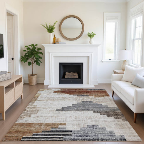 8' X 10' Rust And Gray Geometric Washable Area Rug With UV Protection