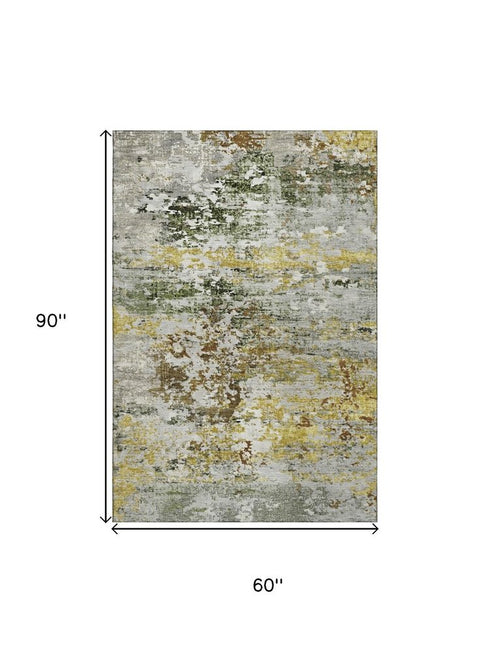 5' X 8' Gold And Beige Abstract Washable Area Rug With UV Protection