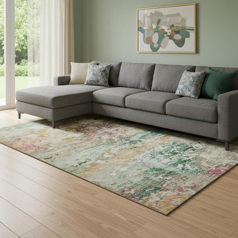 8' X 10' Orange Teal And Blush Abstract Washable Area Rug With UV Protection