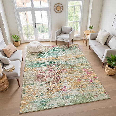 8' X 10' Orange Teal And Blush Abstract Washable Area Rug With UV Protection