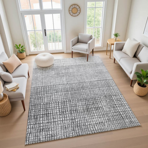 8' X 10' Gray And Silver Geometric Washable Area Rug With UV Protection