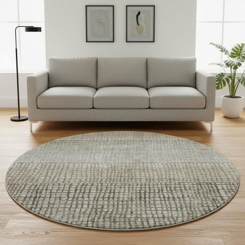 8' Taupe And Brown Geometric Washable Round Rug With UV Protection