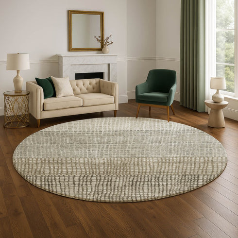 8' Taupe And Brown Geometric Washable Round Rug With UV Protection