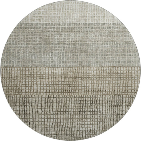 8' Taupe And Brown Geometric Washable Round Rug With UV Protection
