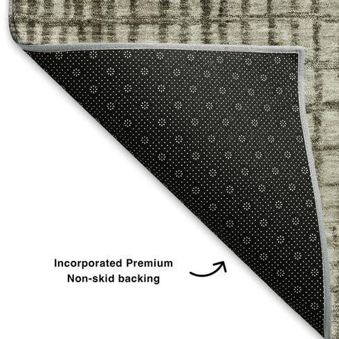 8' Taupe And Brown Geometric Washable Round Rug With UV Protection