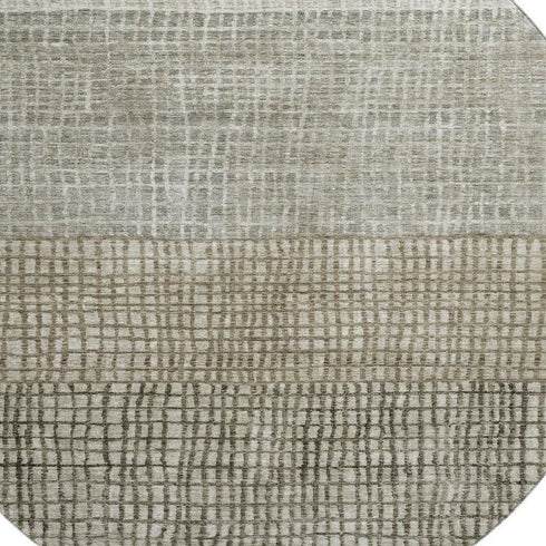 8' Taupe And Brown Geometric Washable Round Rug With UV Protection