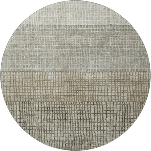8' Taupe And Brown Geometric Washable Round Rug With UV Protection
