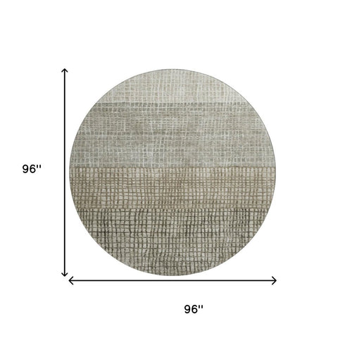 8' Taupe And Brown Geometric Washable Round Rug With UV Protection