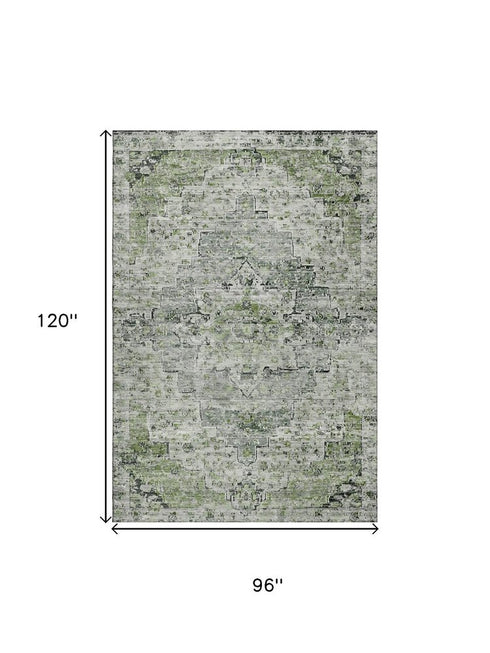 8' X 10' Artichoke Green And Gray Floral Medallion Washable Area Rug With UV Protection