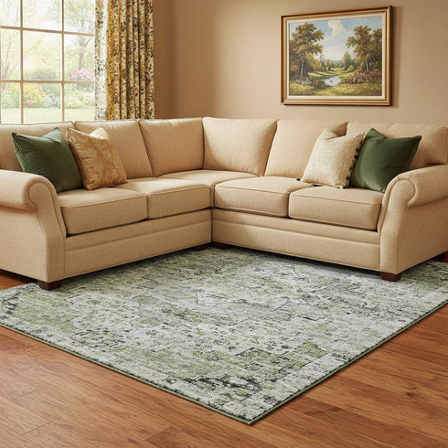 8' X 10' Artichoke Green And Gray Floral Medallion Washable Area Rug With UV Protection