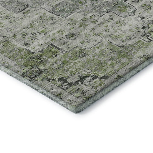 8' X 10' Artichoke Green And Gray Floral Medallion Washable Area Rug With UV Protection