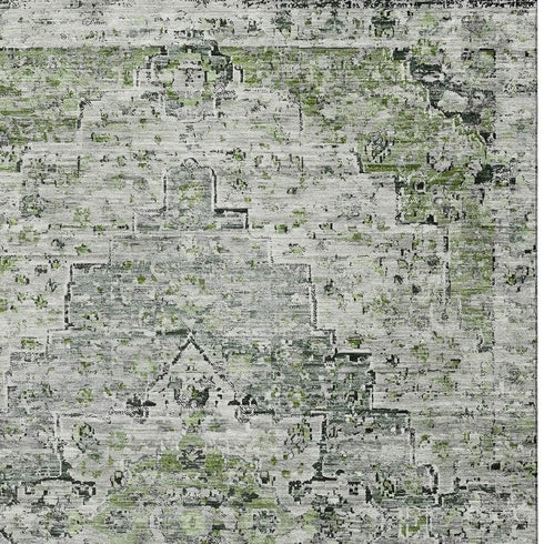 8' X 10' Artichoke Green And Gray Floral Medallion Washable Area Rug With UV Protection