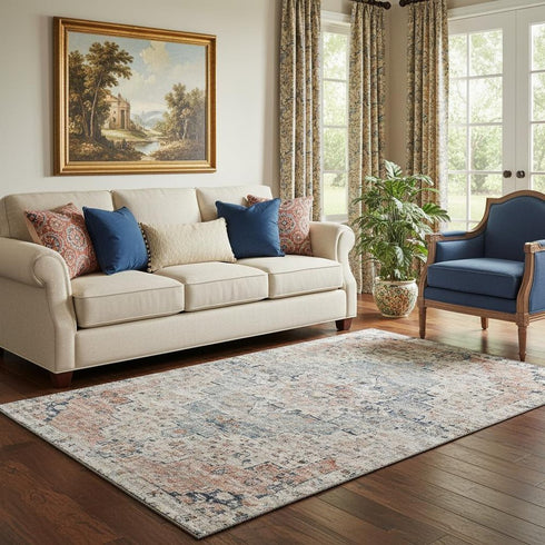 5' X 8' Beige Blue And Coral Floral Medallion Washable Area Rug With UV Protection