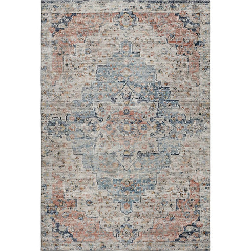 5' X 8' Beige Blue And Coral Floral Medallion Washable Area Rug With UV Protection