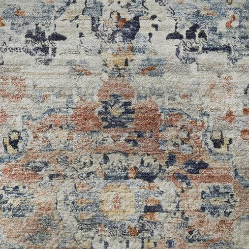 5' X 8' Beige Blue And Coral Floral Medallion Washable Area Rug With UV Protection