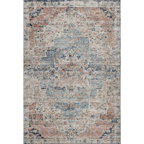 5' X 8' Beige Blue And Coral Floral Medallion Washable Area Rug With UV Protection