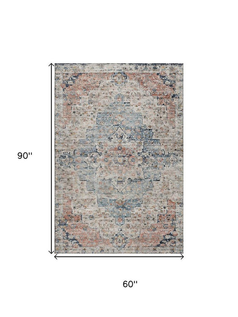 5' X 8' Beige Blue And Coral Floral Medallion Washable Area Rug With UV Protection