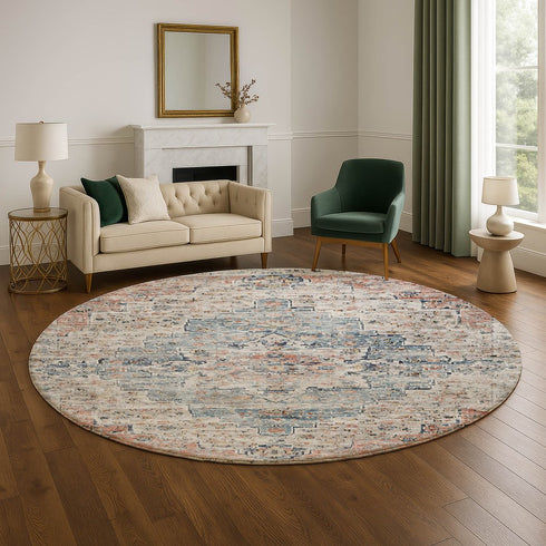 8' Beige Blue And Coral Floral Medallion Washable Round Rug With UV Protection