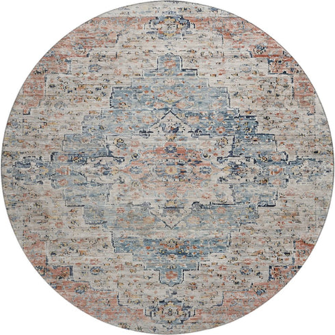 8' Beige Blue And Coral Floral Medallion Washable Round Rug With UV Protection