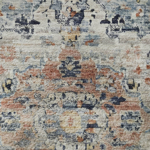 8' Beige Blue And Coral Floral Medallion Washable Round Rug With UV Protection