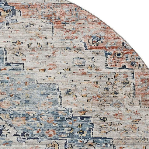 8' Beige Blue And Coral Floral Medallion Washable Round Rug With UV Protection