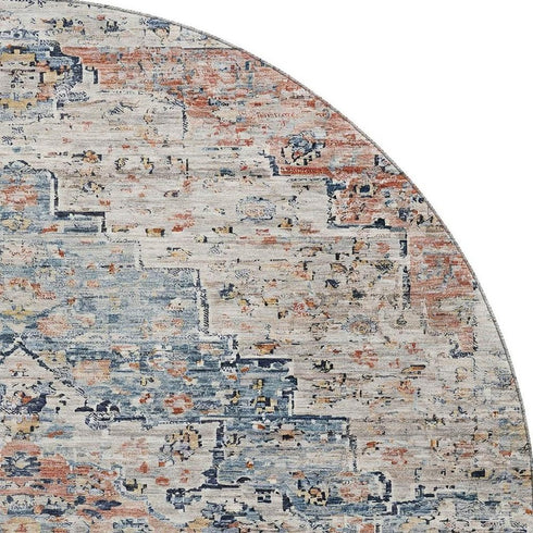 8' Beige Blue And Coral Floral Medallion Washable Round Rug With UV Protection